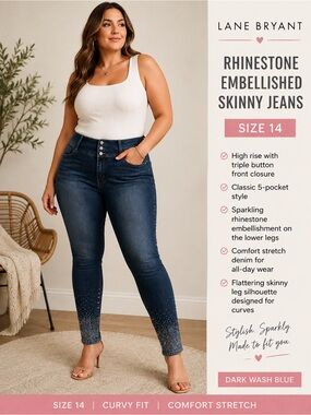 Lane Bryant Rhinestone Skinny Jeans Size 14 High Rise Dark Wash Stretch Denim